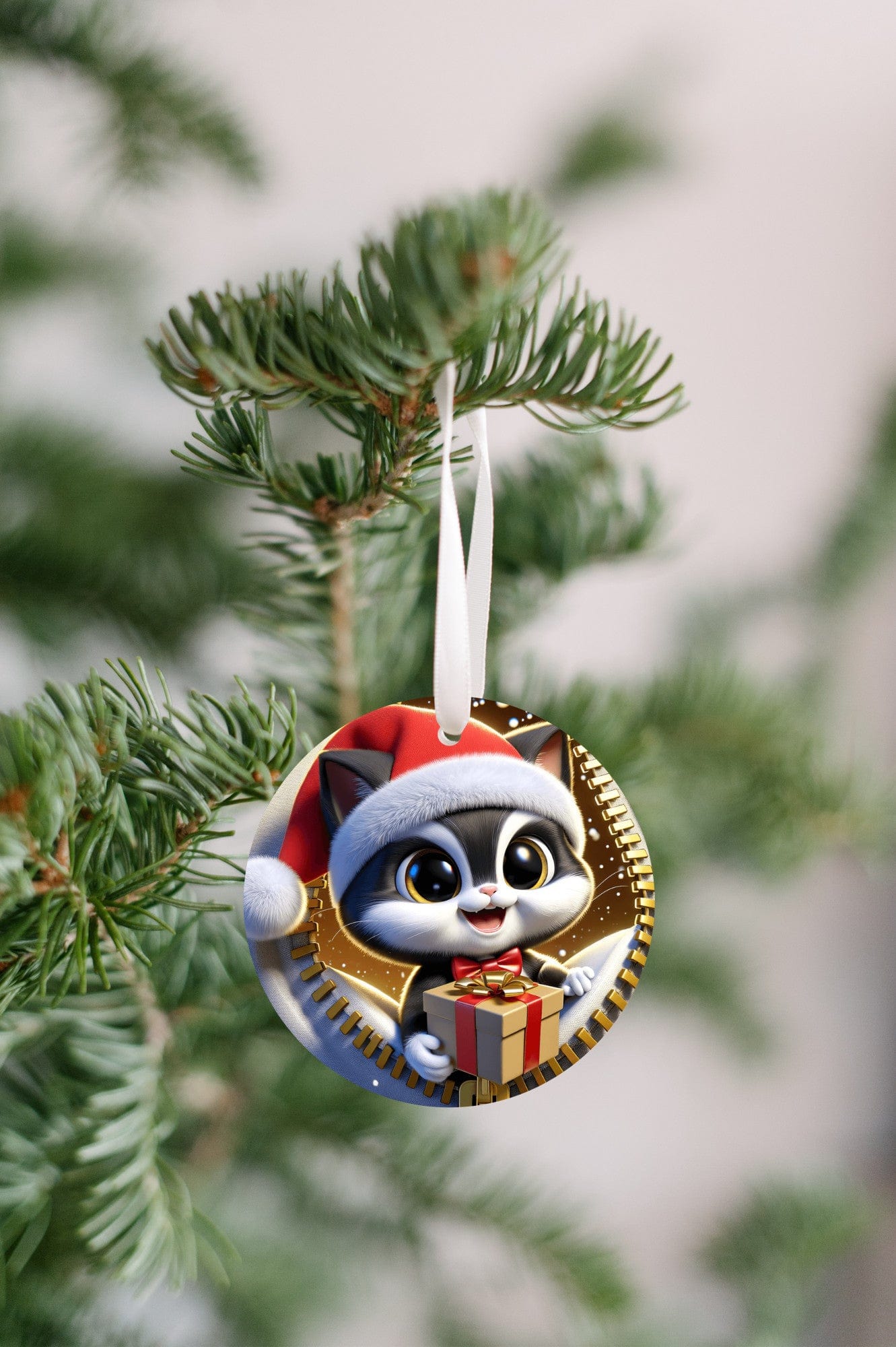 Quadra Marketplace UV Printed Plastic Christmas Ornament (Small) Default 3D Zip Black and White Cat Christmas Ornament 3D Zip Black and White Cat Christmas Ornament