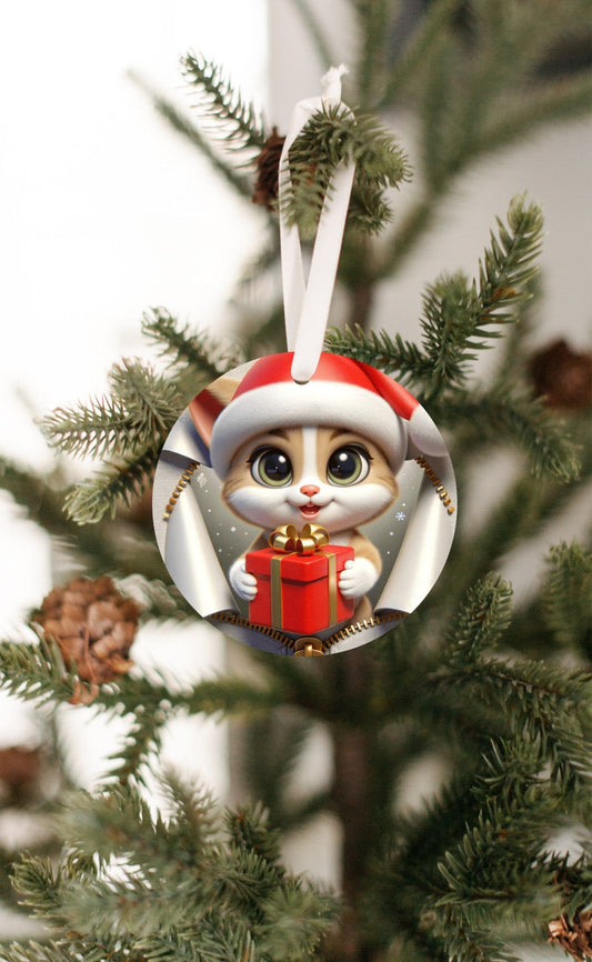 Quadra Marketplace UV Printed Plastic Christmas Ornament (Small) Default 3D Zip Brown and White Cat Christmas Ornament 3D Zip Brown and White Cat Christmas Ornament