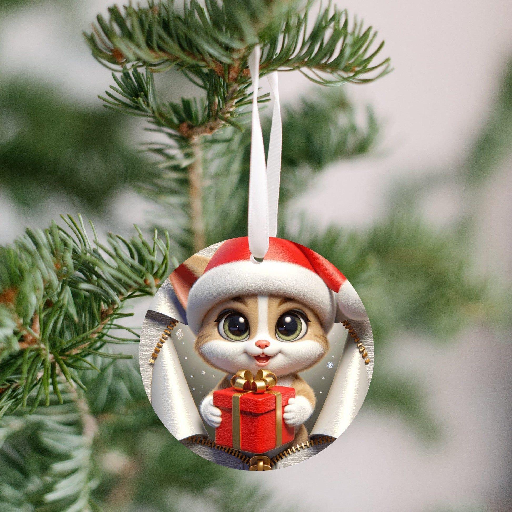 Quadra Marketplace UV Printed Plastic Christmas Ornament (Small) Default 3D Zip Brown and White Cat Christmas Ornament 3D Zip Brown and White Cat Christmas Ornament