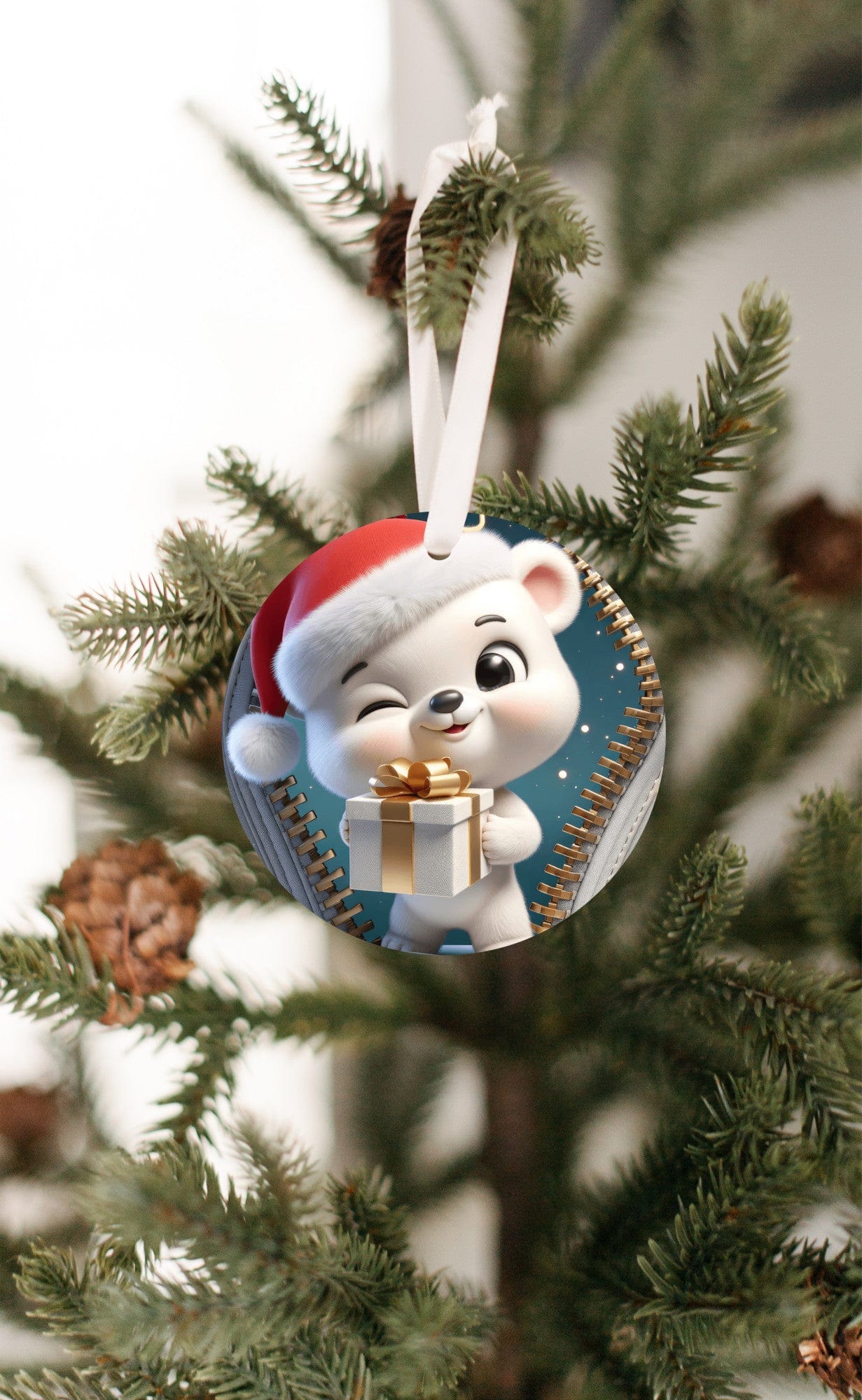 Quadra Marketplace UV Printed Plastic Christmas Ornament (Small) Default 3D Zip Christmas Winking Baby Polar Bear Ornament 3D Zip Christmas Winking Baby Polar Bear Ornament