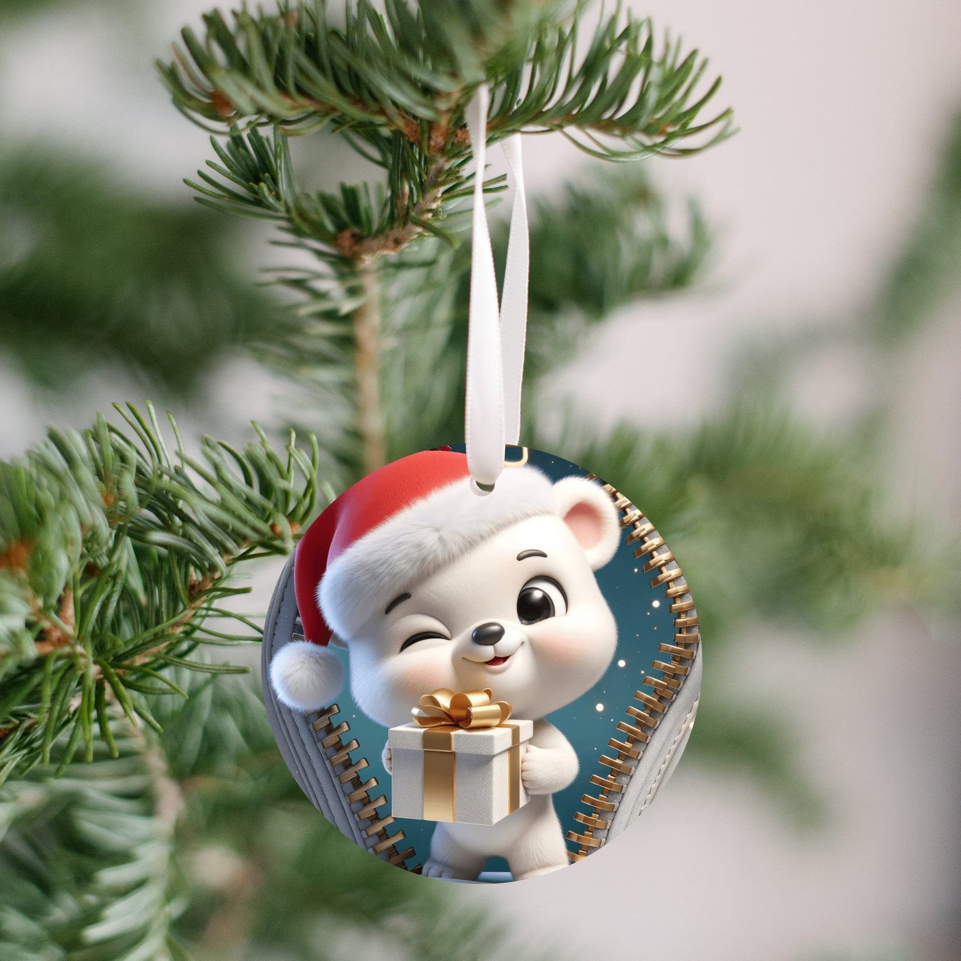 Quadra Marketplace UV Printed Plastic Christmas Ornament (Small) Default 3D Zip Christmas Winking Baby Polar Bear Ornament 3D Zip Christmas Winking Baby Polar Bear Ornament