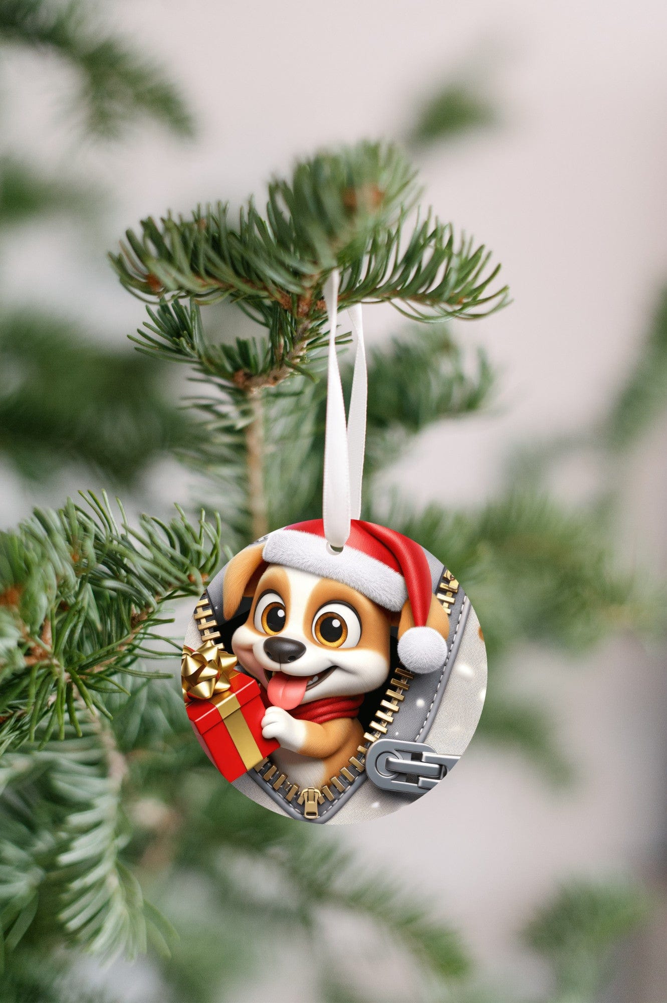 Quadra Marketplace UV Printed Plastic Christmas Ornament (Small) Default 3D Zip Smiling Dog Christmas Ornament 3D Zip Smiling Dog Christmas Ornament