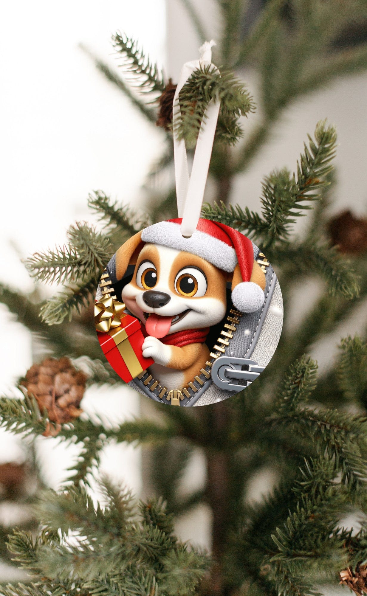 Quadra Marketplace UV Printed Plastic Christmas Ornament (Small) Default 3D Zip Smiling Dog Christmas Ornament 3D Zip Smiling Dog Christmas Ornament