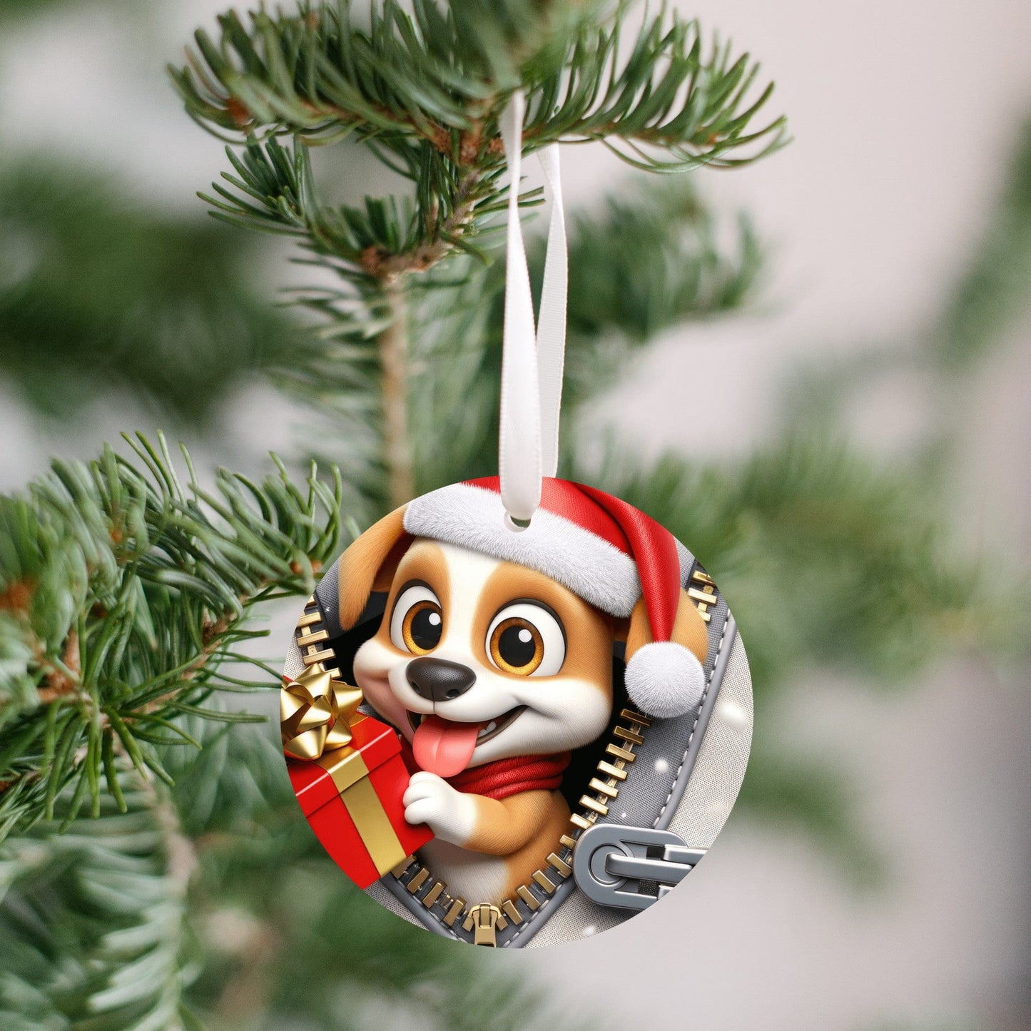 Quadra Marketplace UV Printed Plastic Christmas Ornament (Small) Default 3D Zip Smiling Dog Christmas Ornament 3D Zip Smiling Dog Christmas Ornament