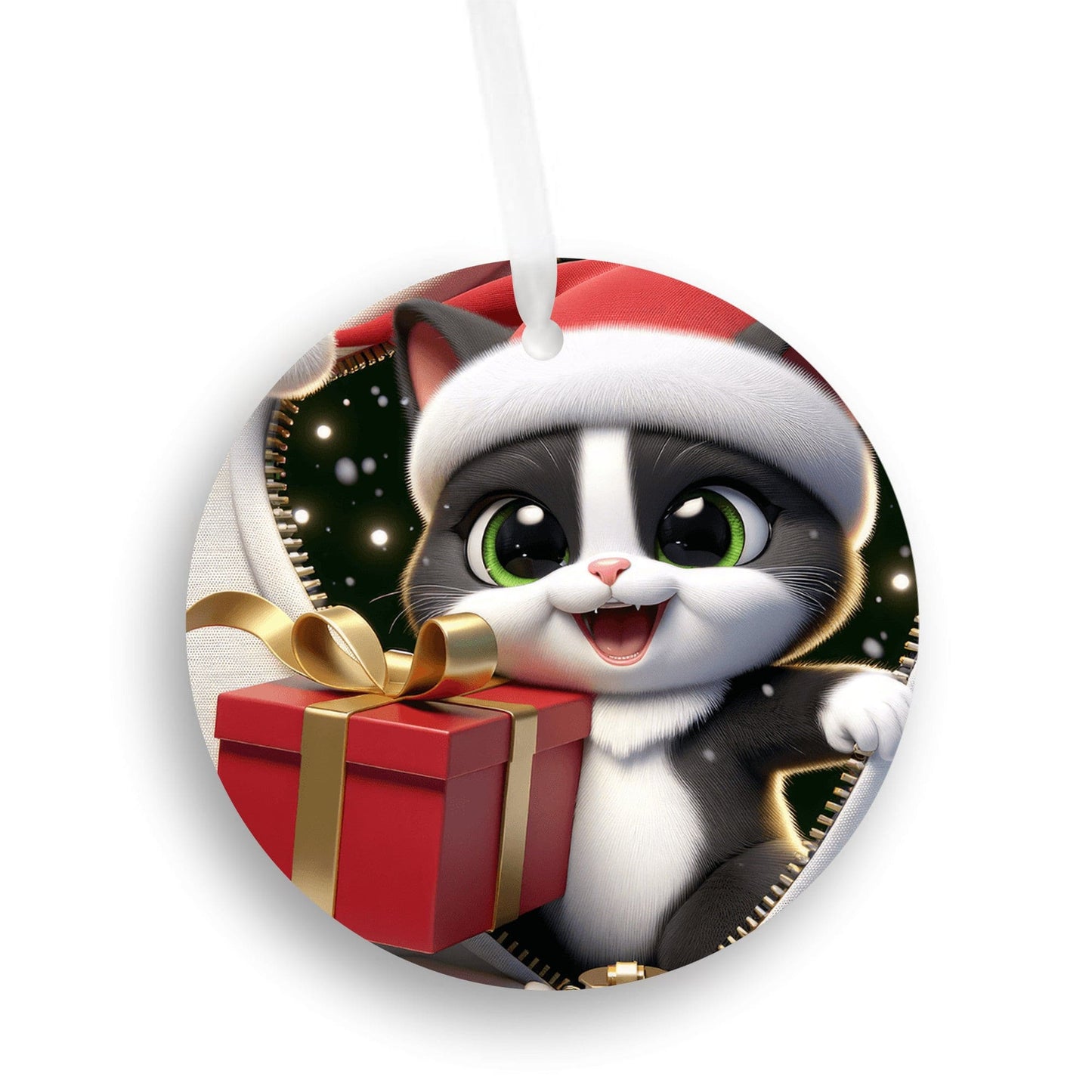 Quadra Marketplace UV Printed Plastic Christmas Ornament (Small) Default 3D Zip White and Black Cat Christmas Ornament 3D Zip White and Black Cat Christmas Ornament