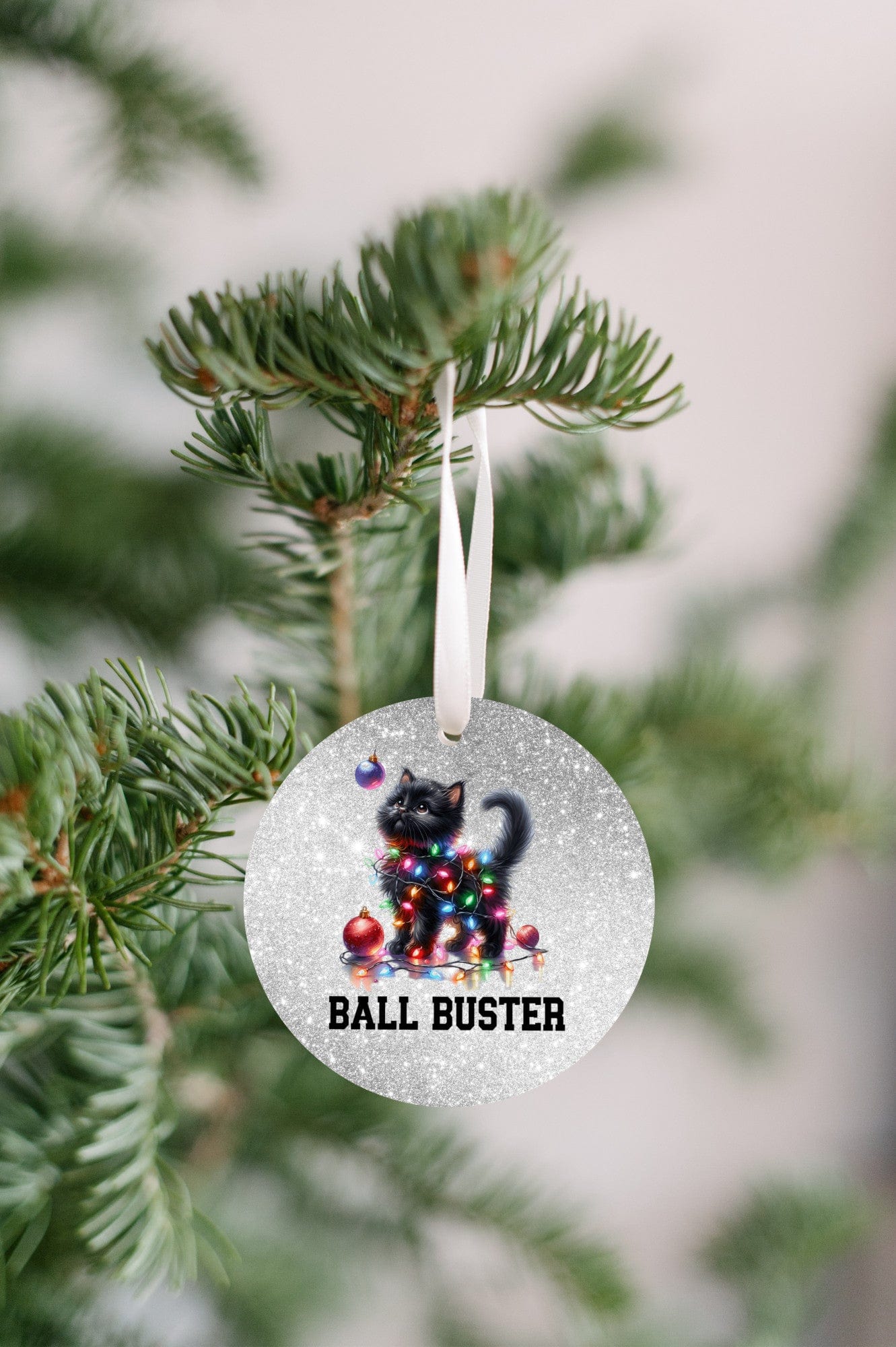 Quadra Marketplace UV Printed Plastic Christmas Ornament (Small) Default "Ball Buster" Black Cat Ornament "Ball Buster" Black Cat Ornament