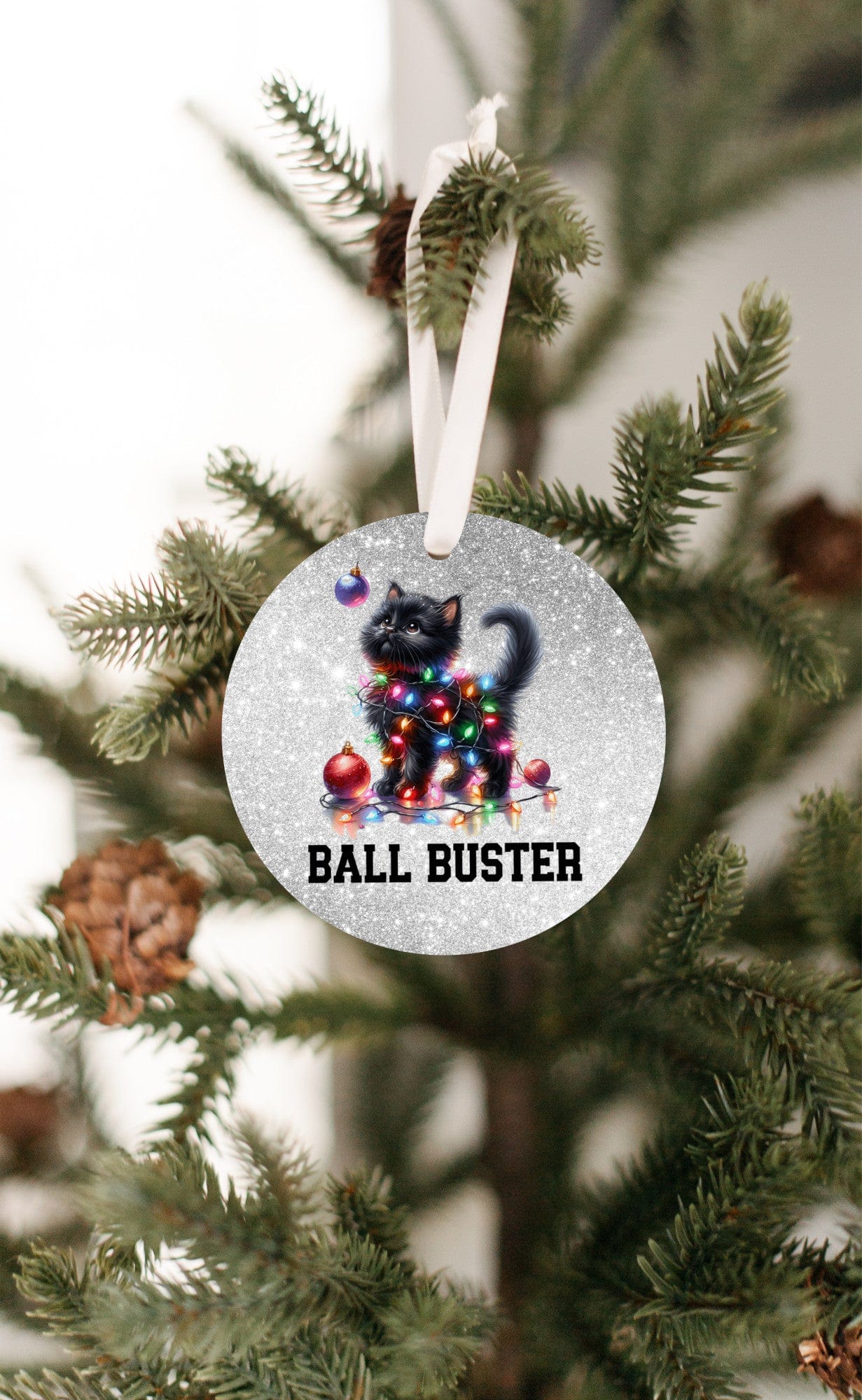 Quadra Marketplace UV Printed Plastic Christmas Ornament (Small) Default "Ball Buster" Black Cat Ornament "Ball Buster" Black Cat Ornament