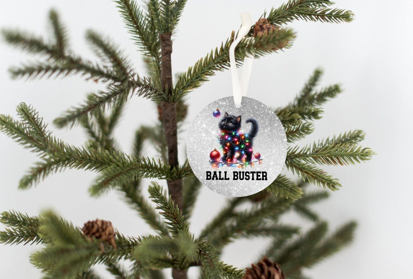 Quadra Marketplace UV Printed Plastic Christmas Ornament (Small) Default "Ball Buster" Black Cat Ornament "Ball Buster" Black Cat Ornament