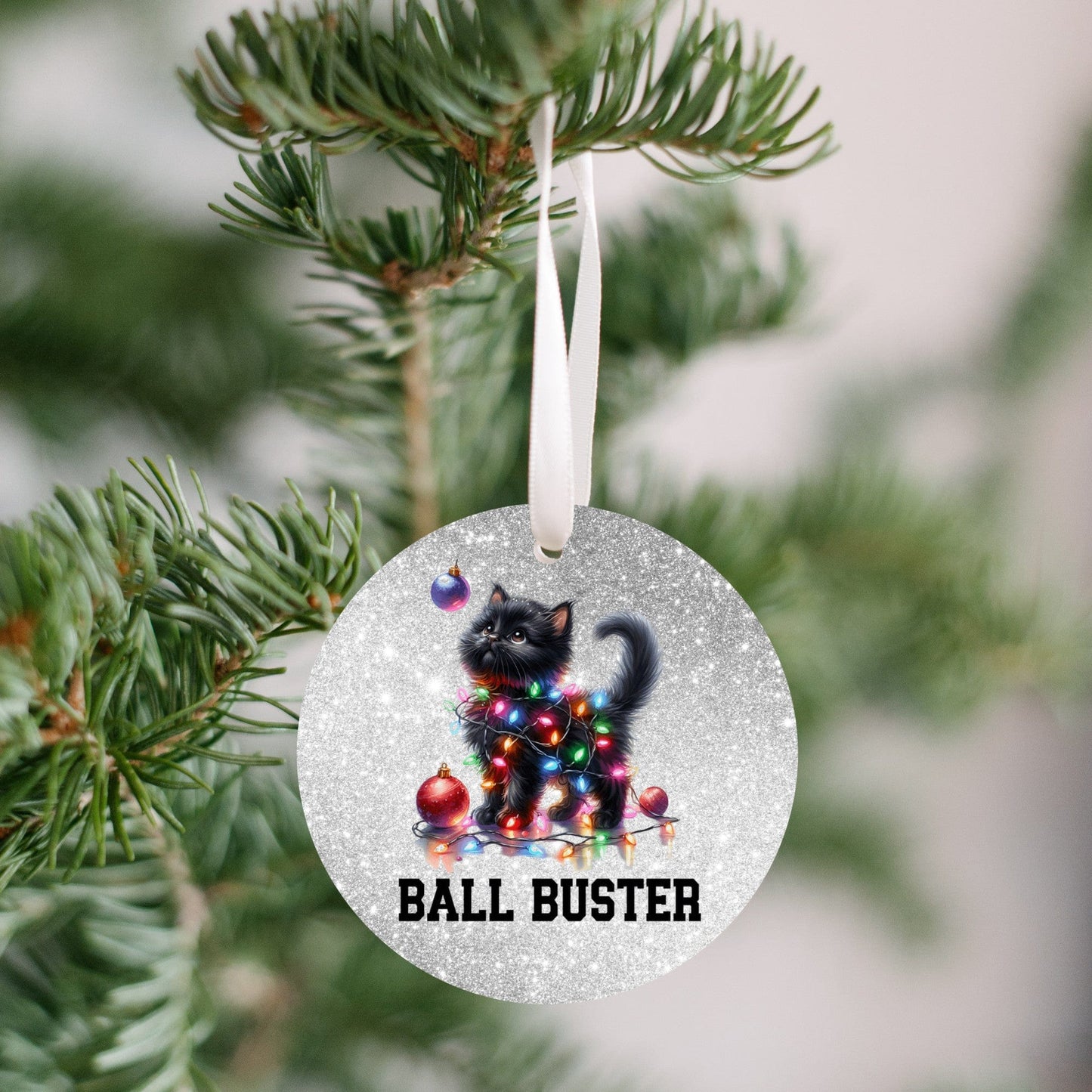 Quadra Marketplace UV Printed Plastic Christmas Ornament (Small) Default "Ball Buster" Black Cat Ornament "Ball Buster" Black Cat Ornament