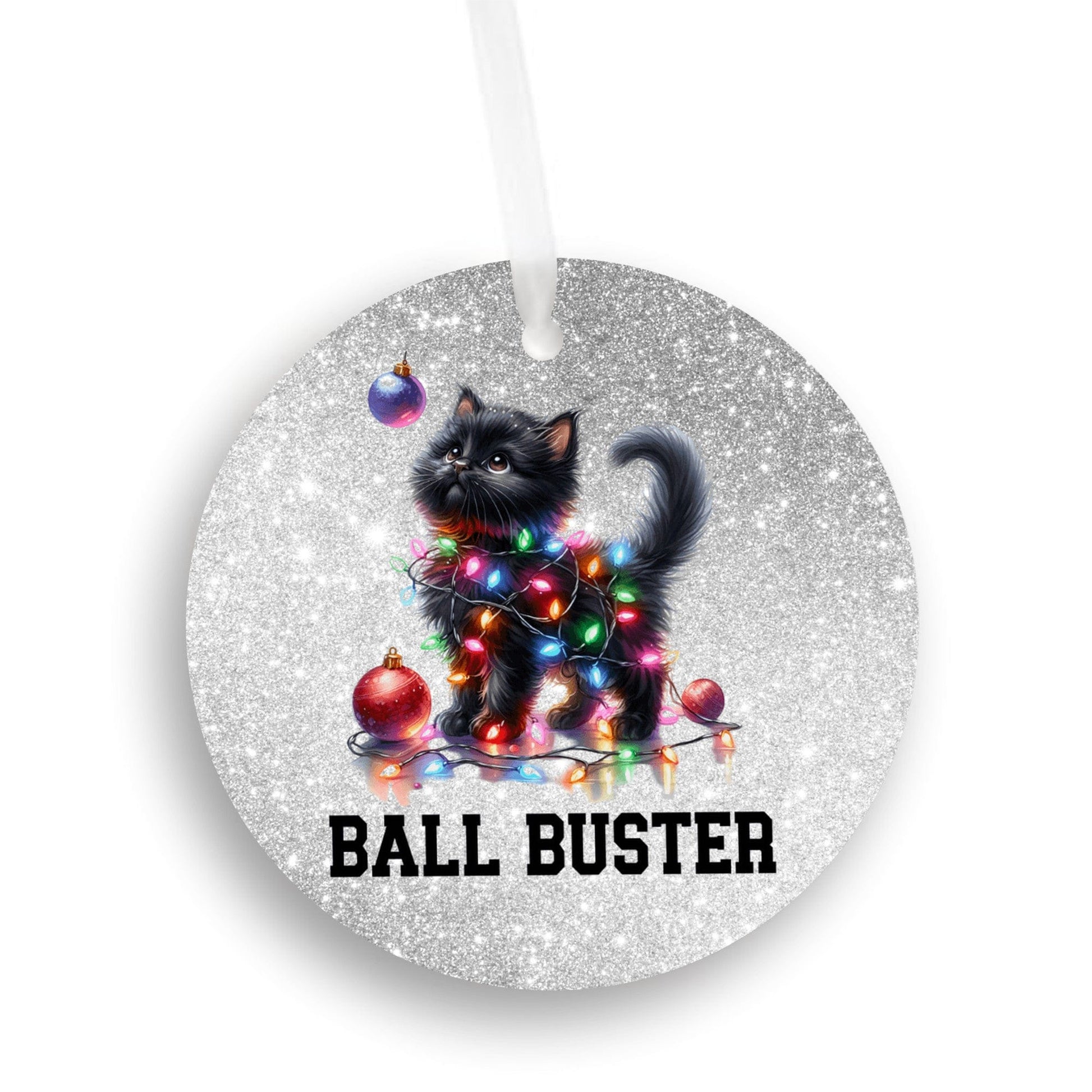 Quadra Marketplace UV Printed Plastic Christmas Ornament (Small) Default "Ball Buster" Black Cat Ornament "Ball Buster" Black Cat Ornament