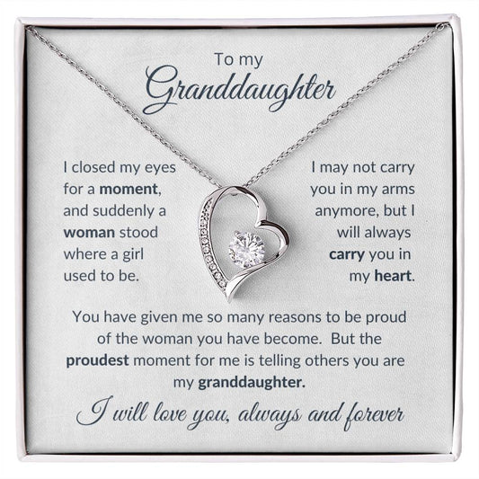 ShineOn Fulfillment Jewelry 14k White Gold Finish / Standard Box To My Granddaughter - "Proudest Moment" Forever Love Necklace