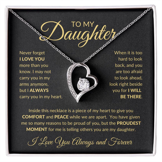 ShineOn Fulfillment Jewelry 14k White Gold Finish / Standard Gift Box To My Daughter - "Comfort and Peace While We Are Apart" Forever Love Necklace (Black)