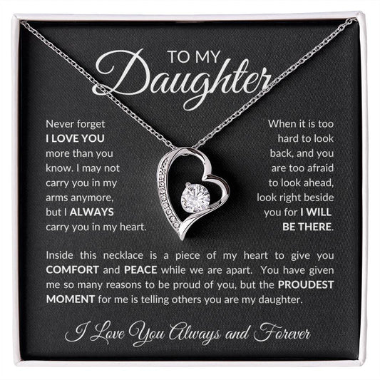 ShineOn Fulfillment Jewelry 14k White Gold Finish / Standard Gift Box To My Daughter - "Comfort and Peace While We Are Apart" Forever Love Necklace (Black/White)