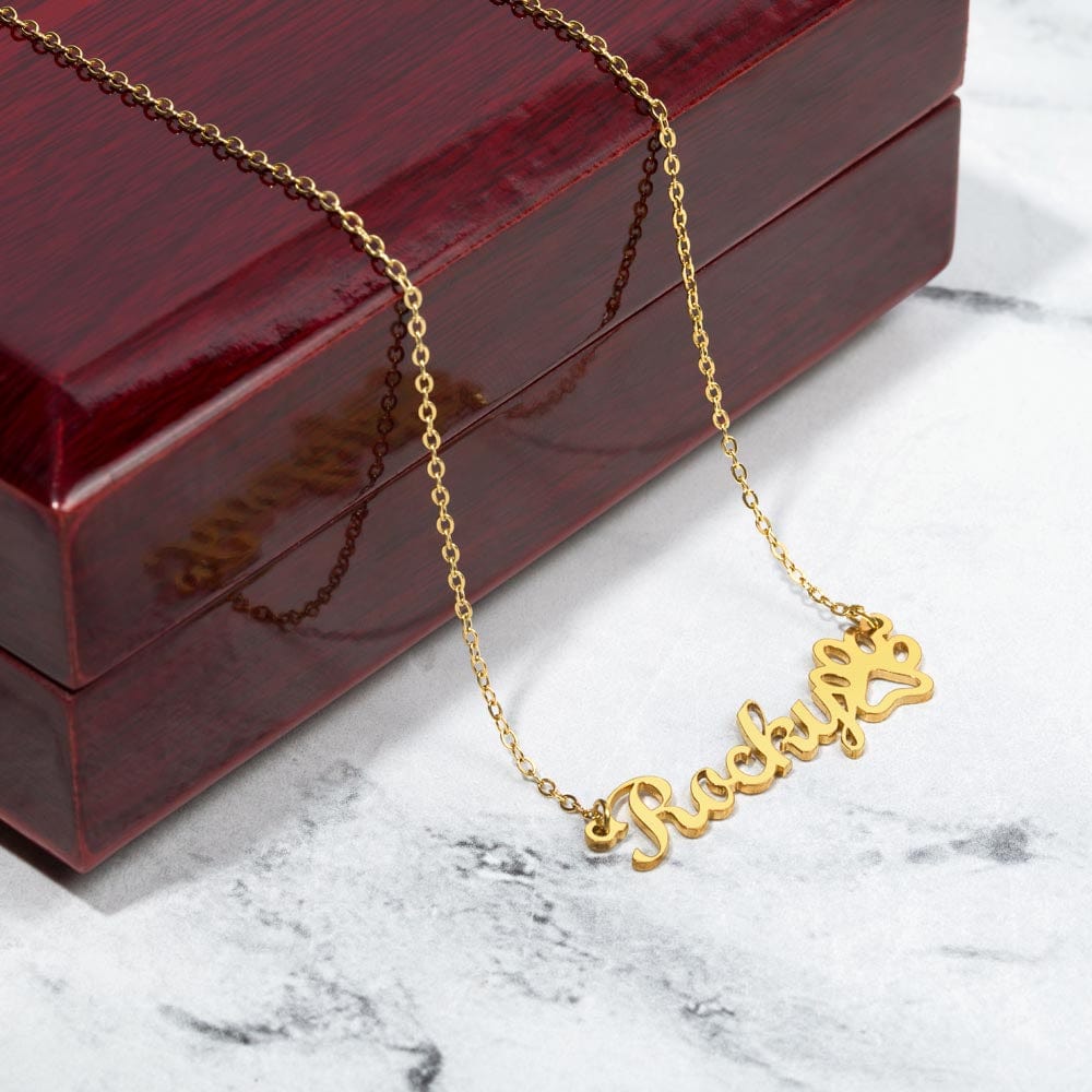 ShineOn Fulfillment Jewelry 18k Yellow Gold Finish / Luxury Box with Stunning LED Spotlight Personalized Pet Lover Necklace (Name + Paw Print)