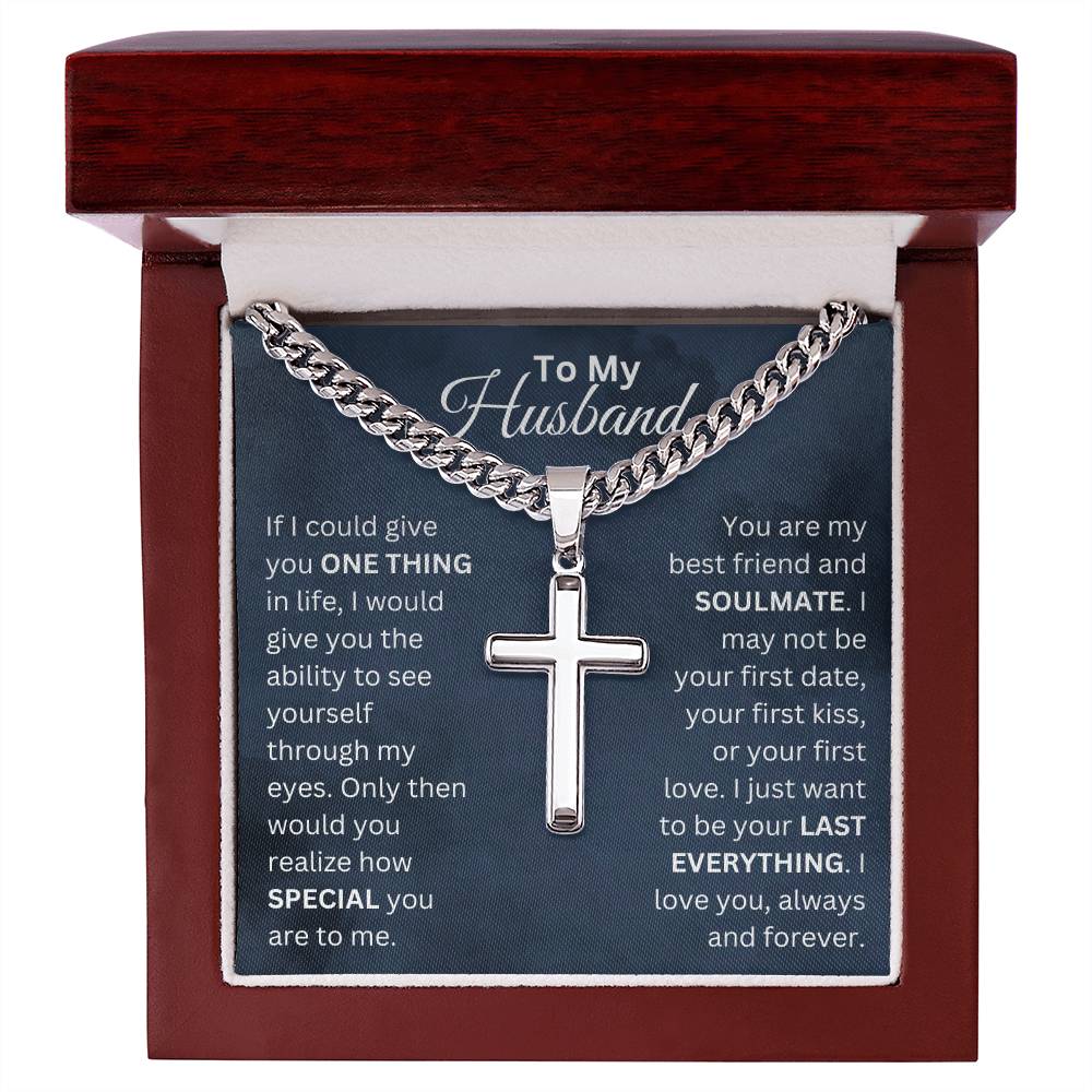 ShineOn Fulfillment Jewelry Luxury Box w/LED To My Husband - "Your Last Everything" Men's Cuban Link Cross Necklace