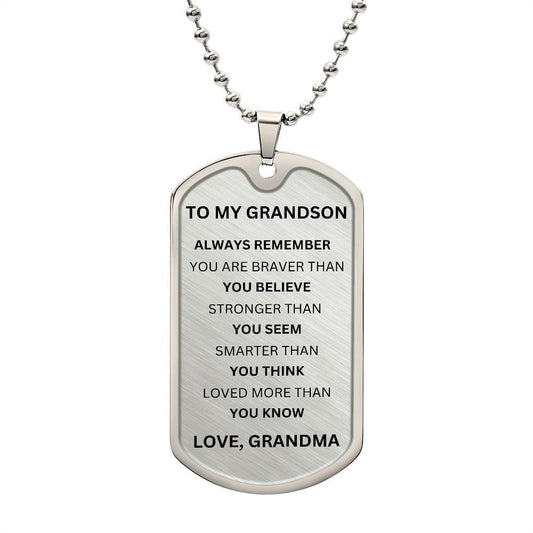 ShineOn Fulfillment Jewelry Military Chain (Silver) / No To My Grandson (From Grandma) - Silver and Black Dog Tag