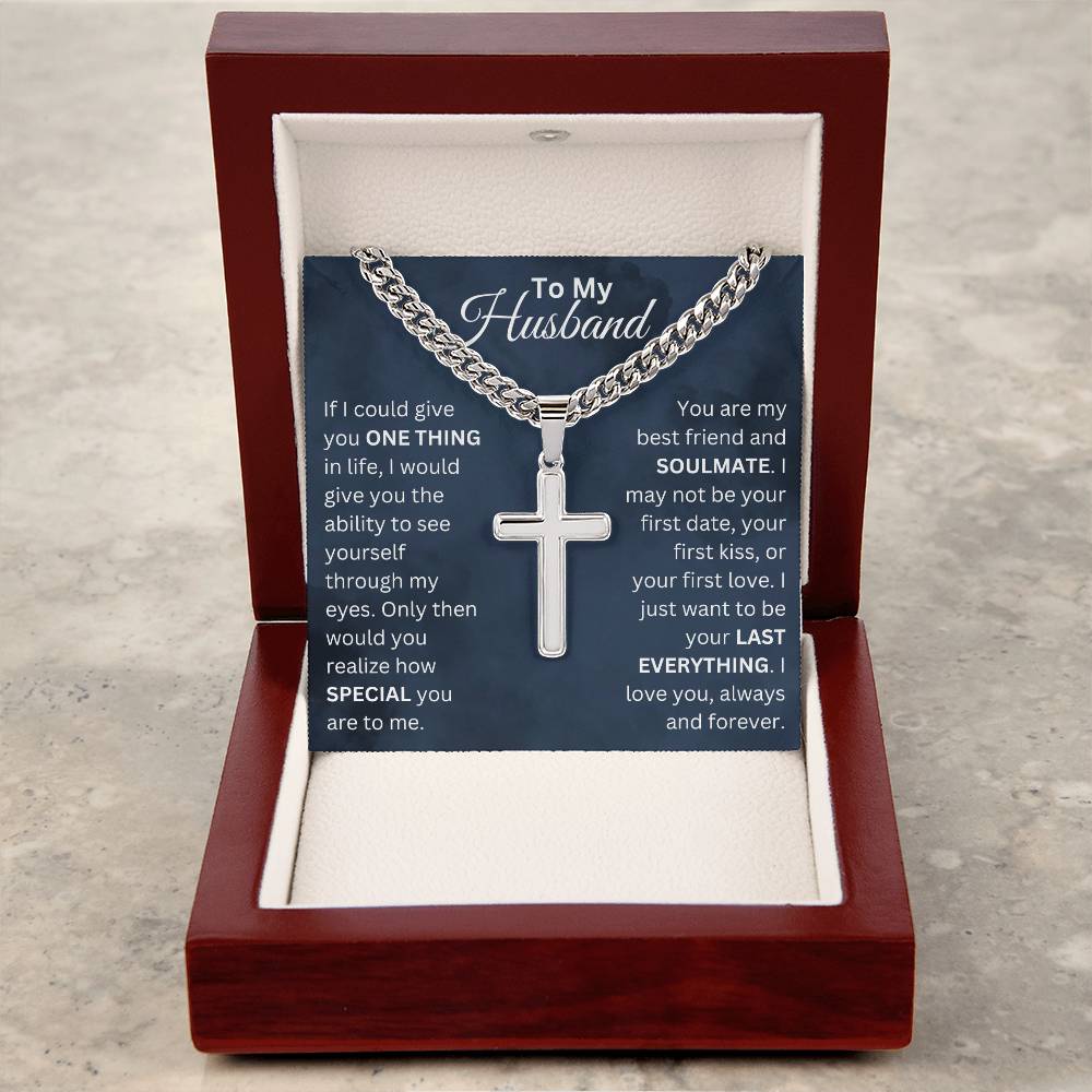 ShineOn Fulfillment Jewelry To My Husband - "Your Last Everything" Men's Cuban Link Cross Necklace