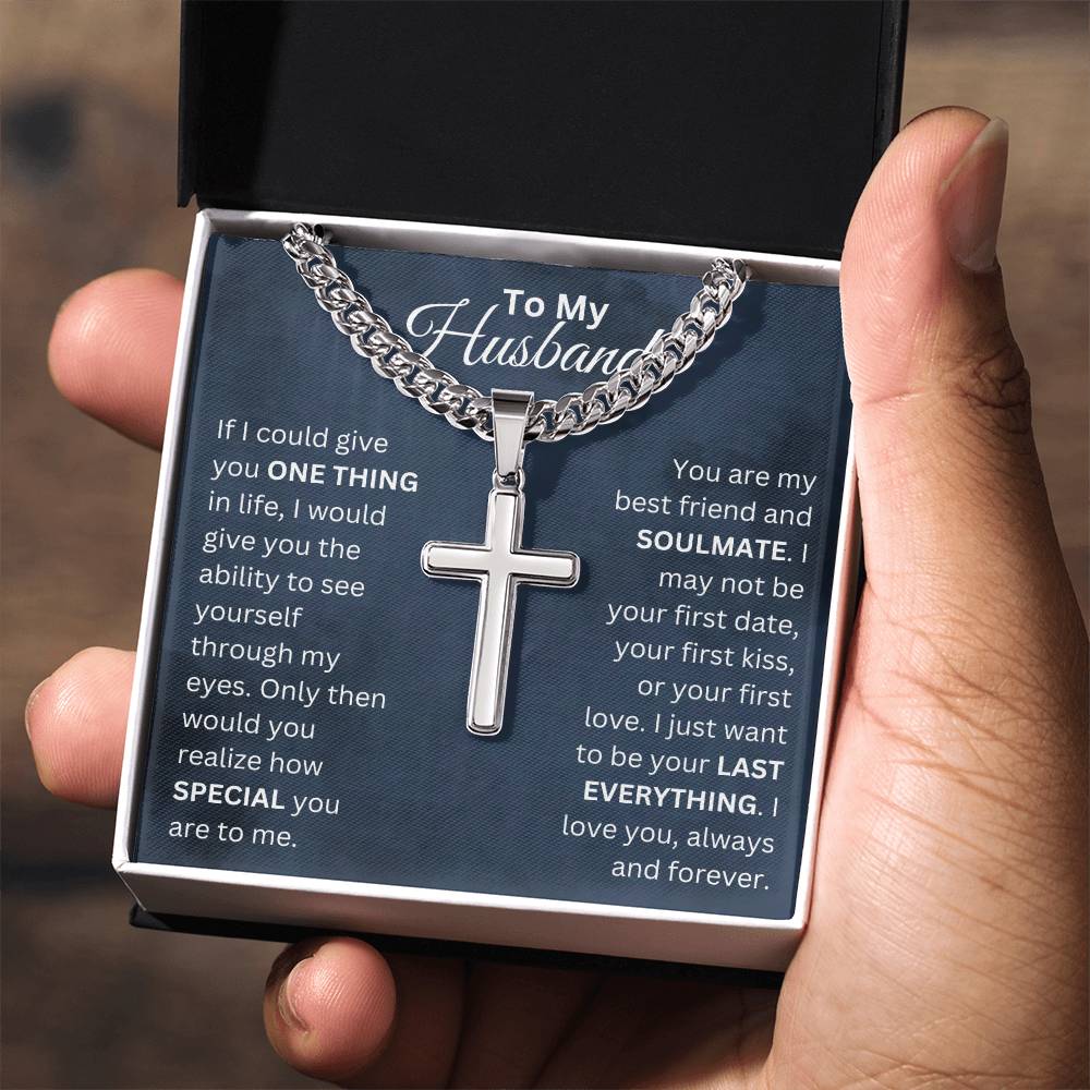 ShineOn Fulfillment Jewelry To My Husband - "Your Last Everything" Men's Cuban Link Cross Necklace