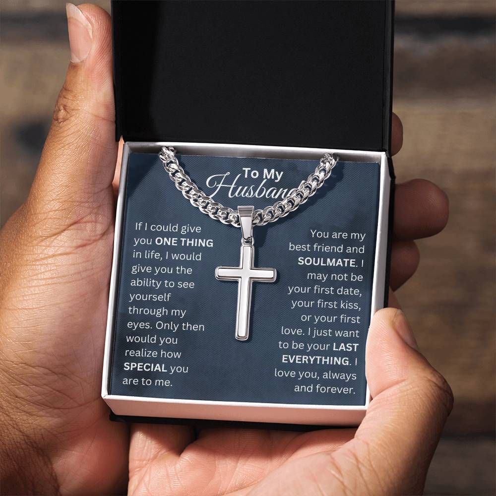 ShineOn Fulfillment Jewelry To My Husband - "Your Last Everything" Men's Cuban Link Cross Necklace