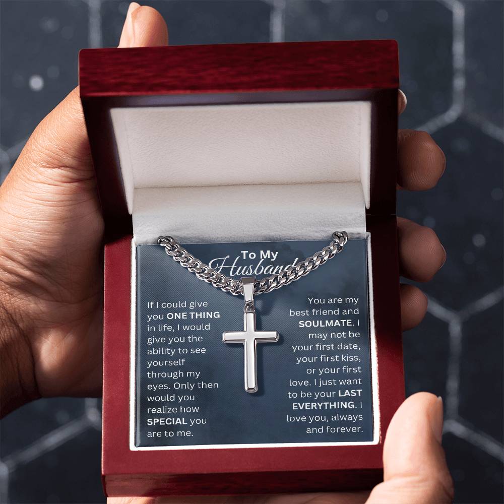 ShineOn Fulfillment Jewelry To My Husband - "Your Last Everything" Men's Cuban Link Cross Necklace